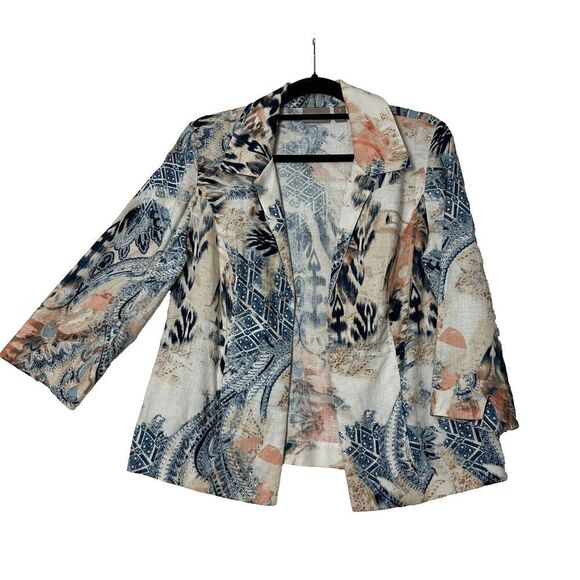 2/$30 Chicos Linen Open Front Blazer Jacket Size 1 M Boho Resortwear Paisley - Picture 1 of 12